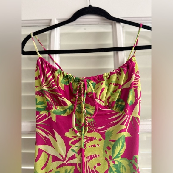 Tropical Pink and Green Leaf Print Mini Dress - Picture 2 of 4